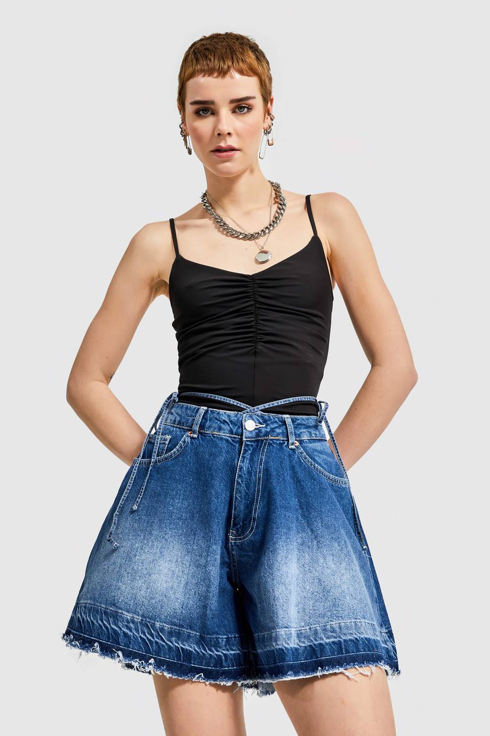 Women's Blue Color Loose Cut Denim Shorts with Rope Detail