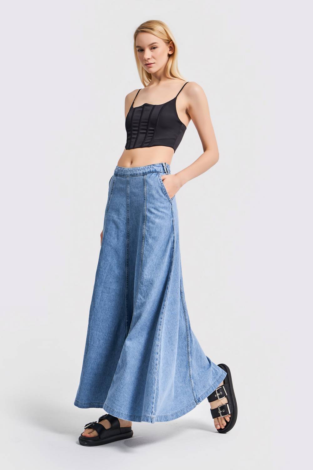 تنورة جينز نسائية زرقاء بطول 102 سم وأسلوب A، مصنوعة من قطن، بمقاسات 34 و36