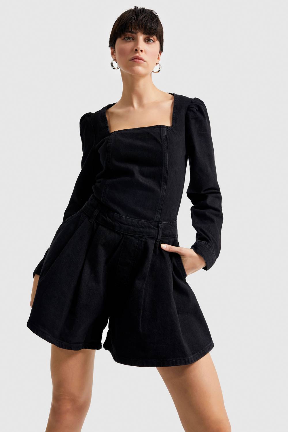 Women's Black Black Od Color Long Sleeve Denim Shorts Jumpsuit