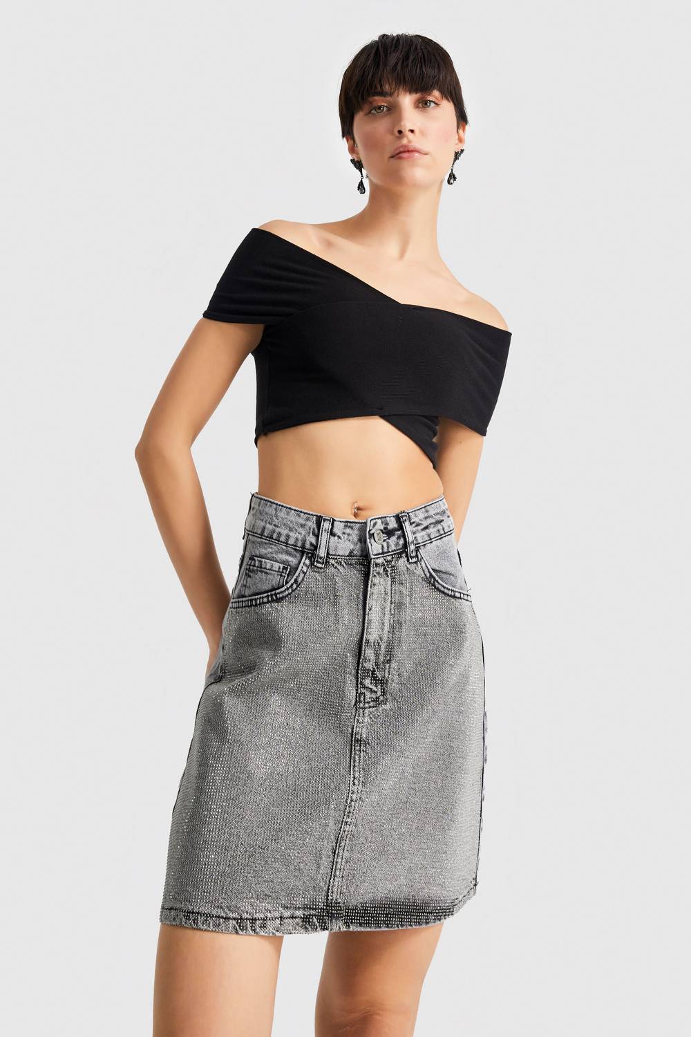 Women's Gray Smoked Color Straight Fit Denim Skirt with Shiny Stones on the Front