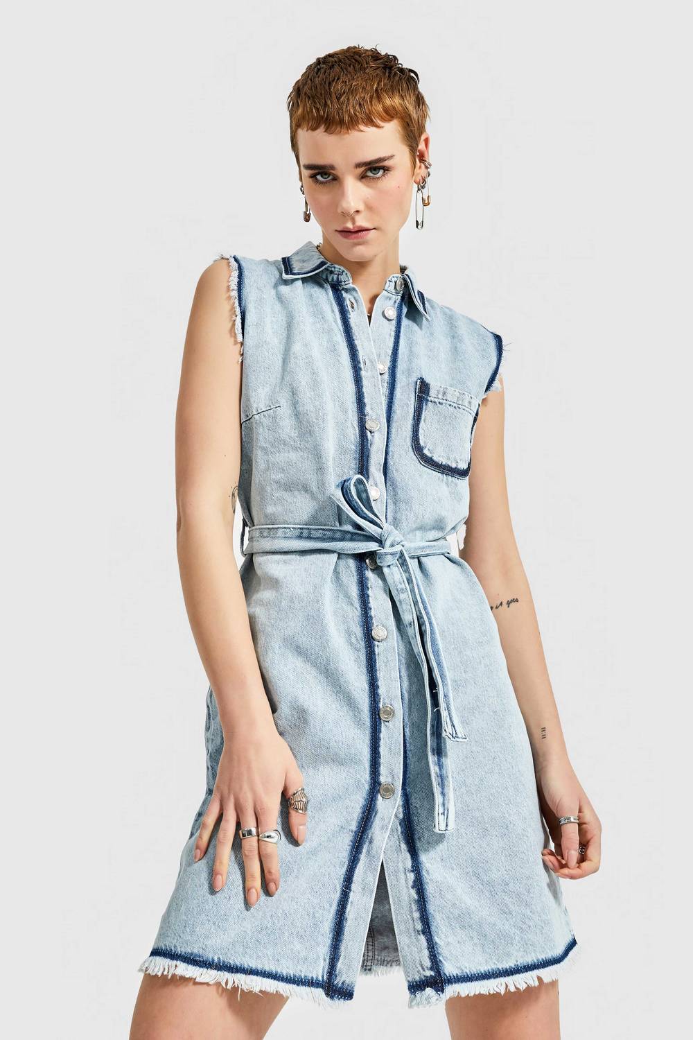Women's Snow Denim Color Special Denim Fabric Belted Mini Denim Dress