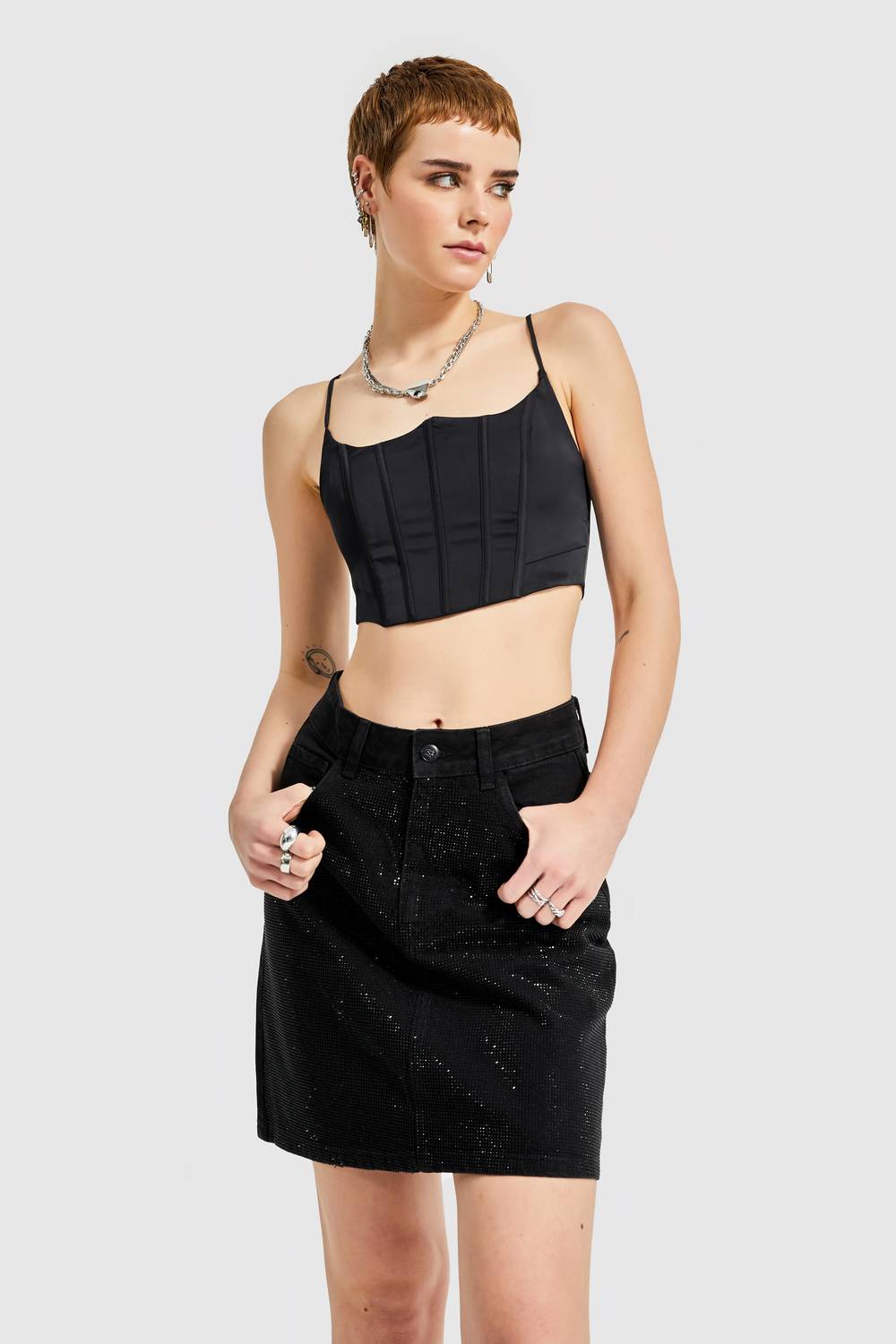 Women's Black Colored Straight Fit Denim Skirt with Shiny Stones on the Front