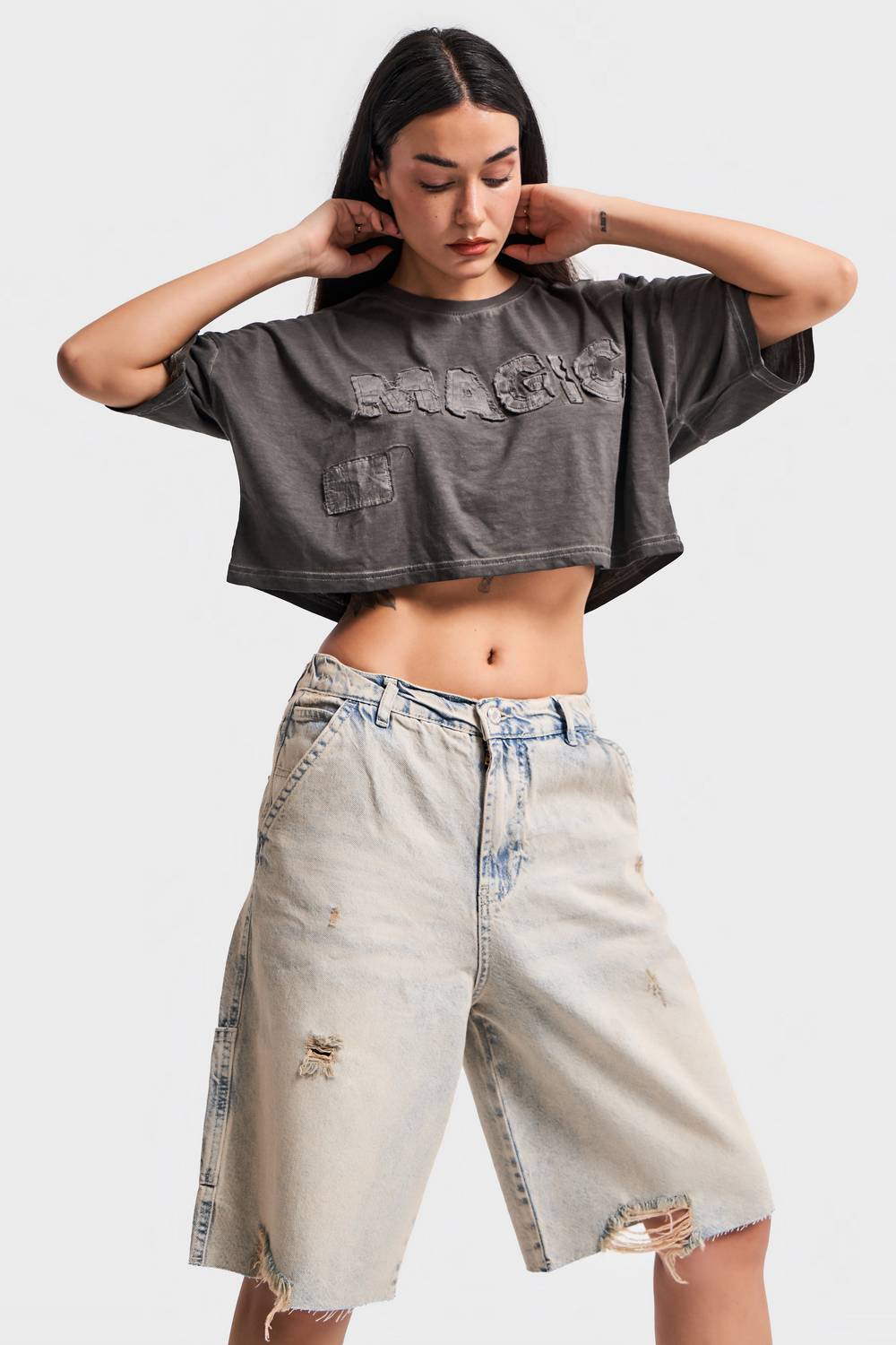 Женские джинсовые шорты миди с лазерными деталями цвета Tint, 100% хлопок, стандартная длина, размеры 38-48