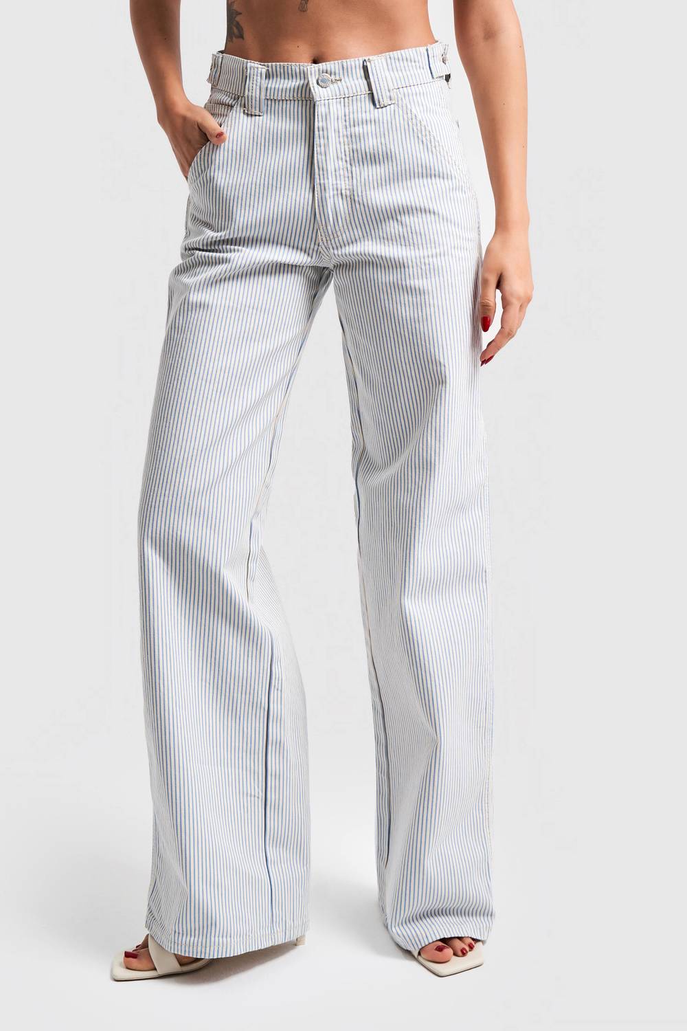 Женские джинсы широкого кроя с полосками, синий цвет, ткань без лайкры, 100% хлопок, стандартная длина для всех размеров