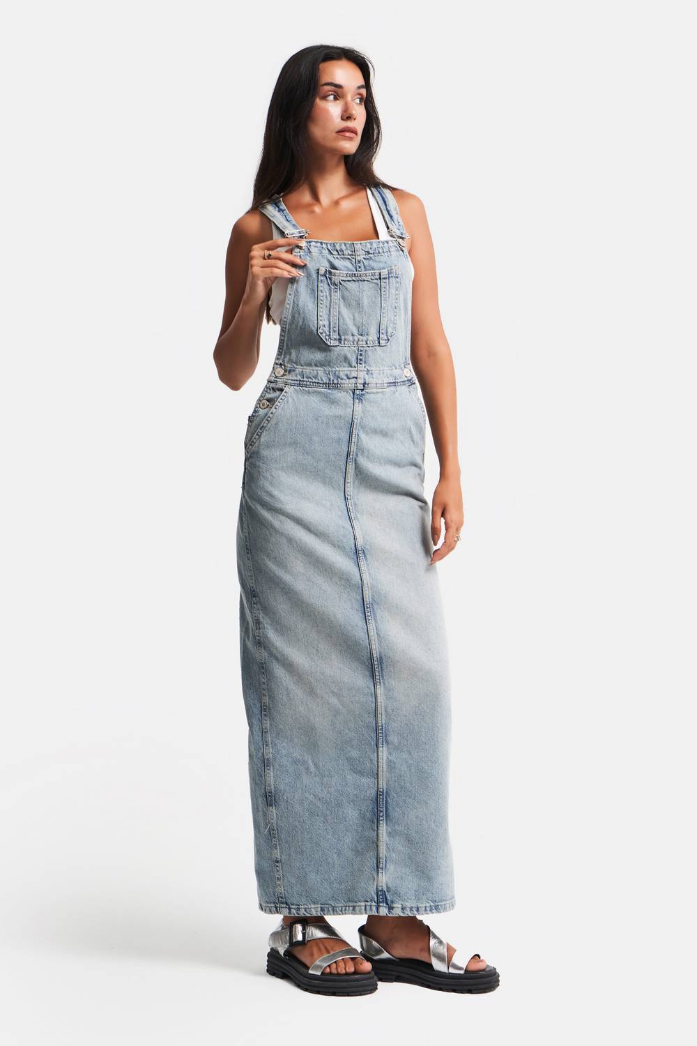 Жіноча максі-сукня з деніму кольору тінт з розрізом ззаду, 100% бавовна, стрейч відсутній, доступні розміри 34-40