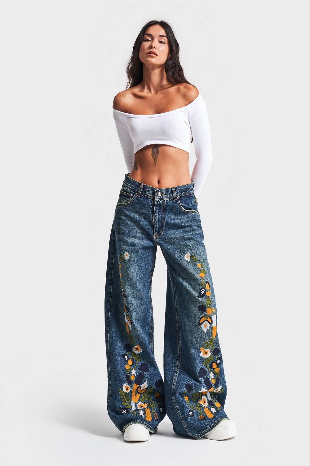 Kadın T.Kot Rengi Nakışlı Tasarım Palazzo Fit Denim