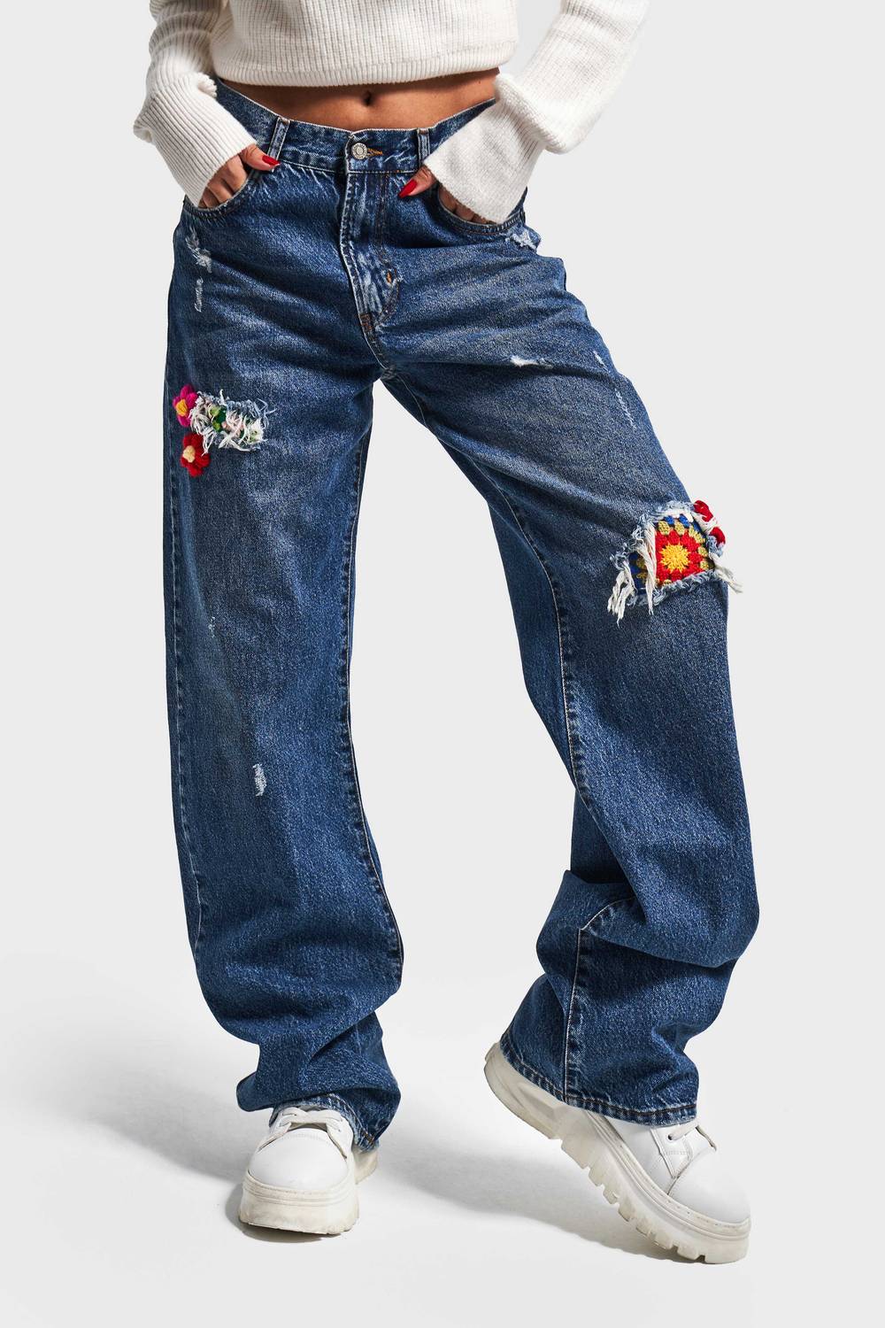 Жіночі джинси кольору тинт з етнічним малюнком, вільний крій, 100% бавовна, стандартна довжина для всіх розмірів