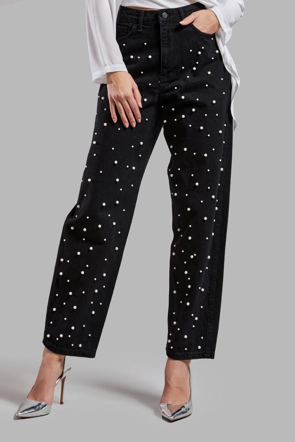 Жіночі чорні джинси T1W41 з білими перлами Relax Fit 100% бавовна