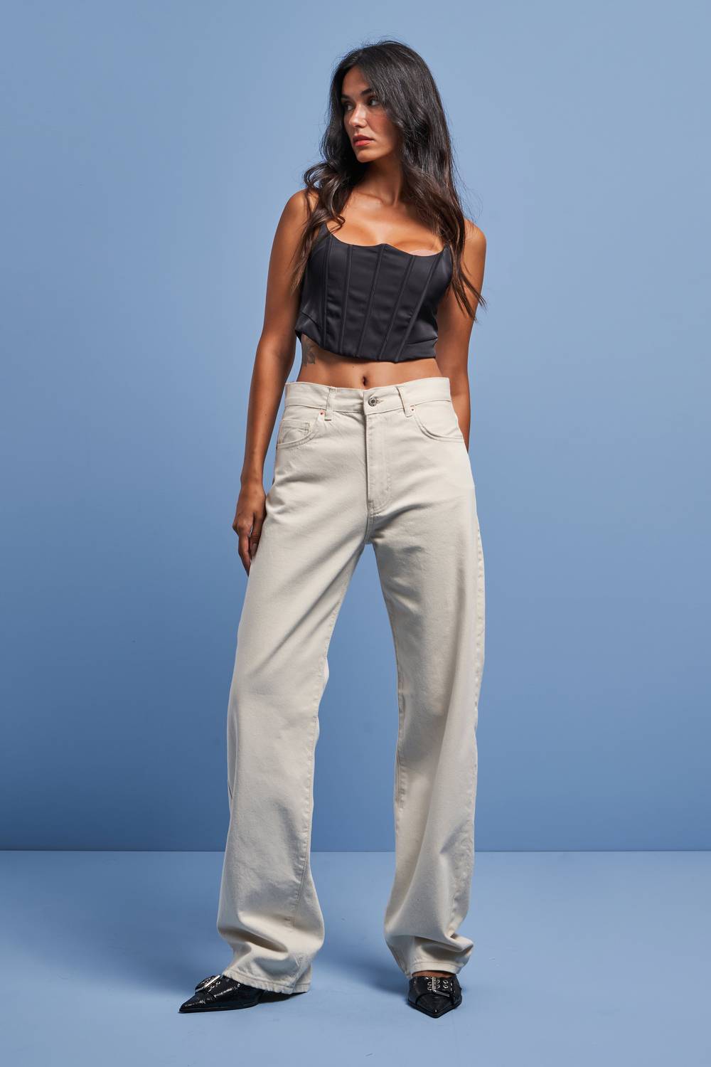 Kadın Raw Renk Loose Fit Orta Bel Denim