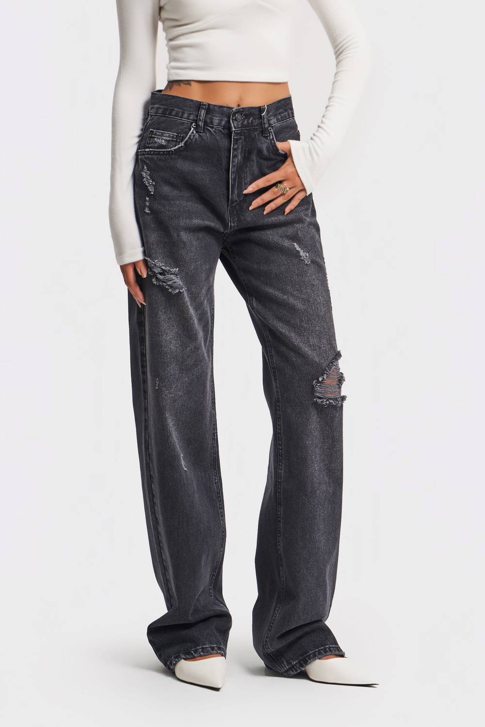 Kadın Füme Renk Yırtı Detaylı Loose %100 Koton Fit Denim