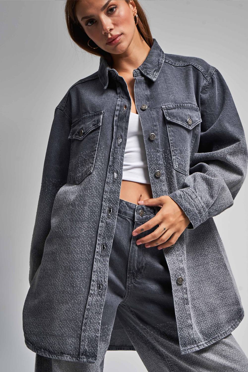 Kadın Füme Renk Yıpratma Detaylı Oversize Tasarım Ceket