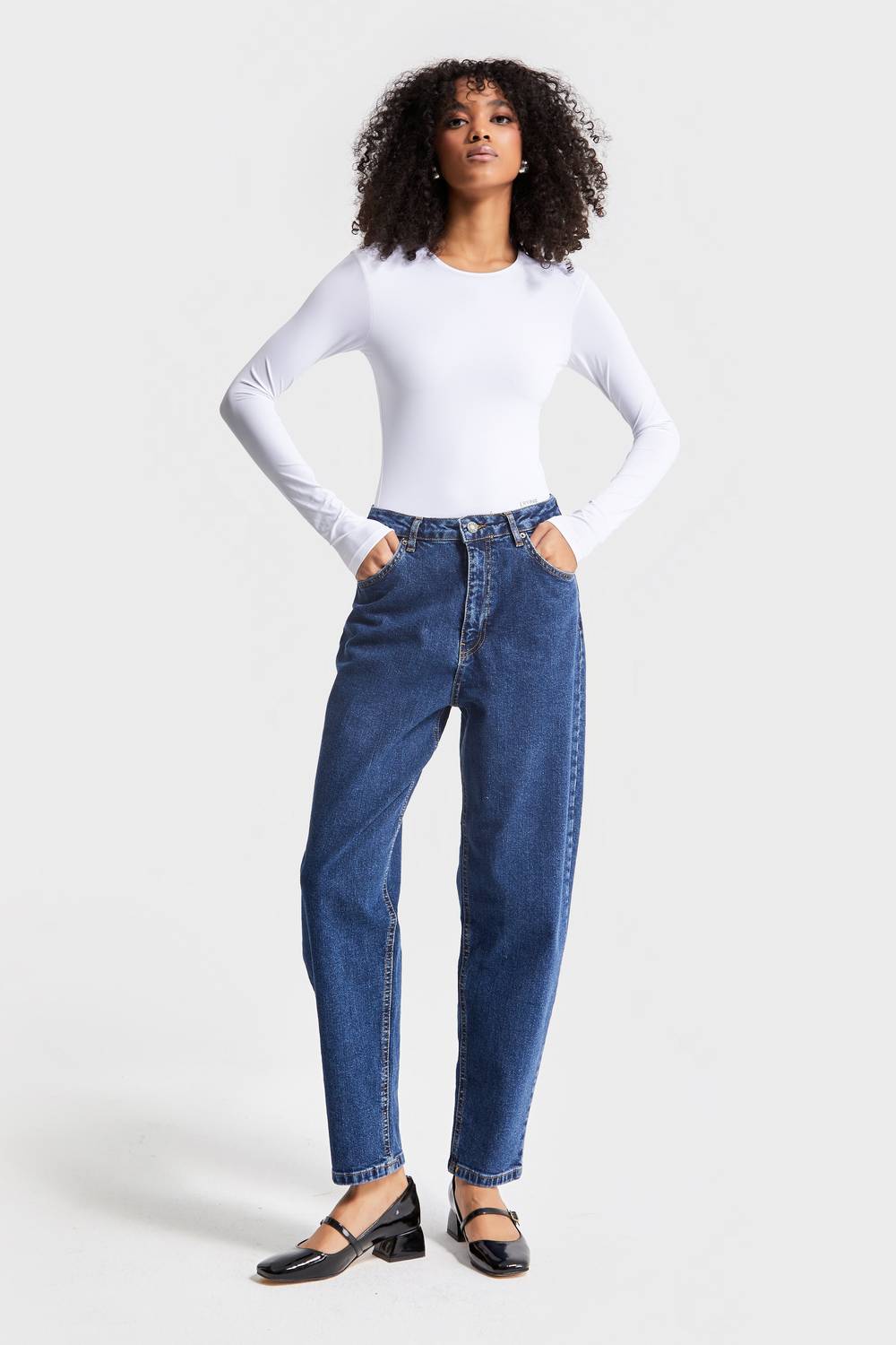 Женские джинсы мом фит из темно-синего стрейчевого денима, 90% хлопок, 10% лайкра, стандартная длина для всех размеров