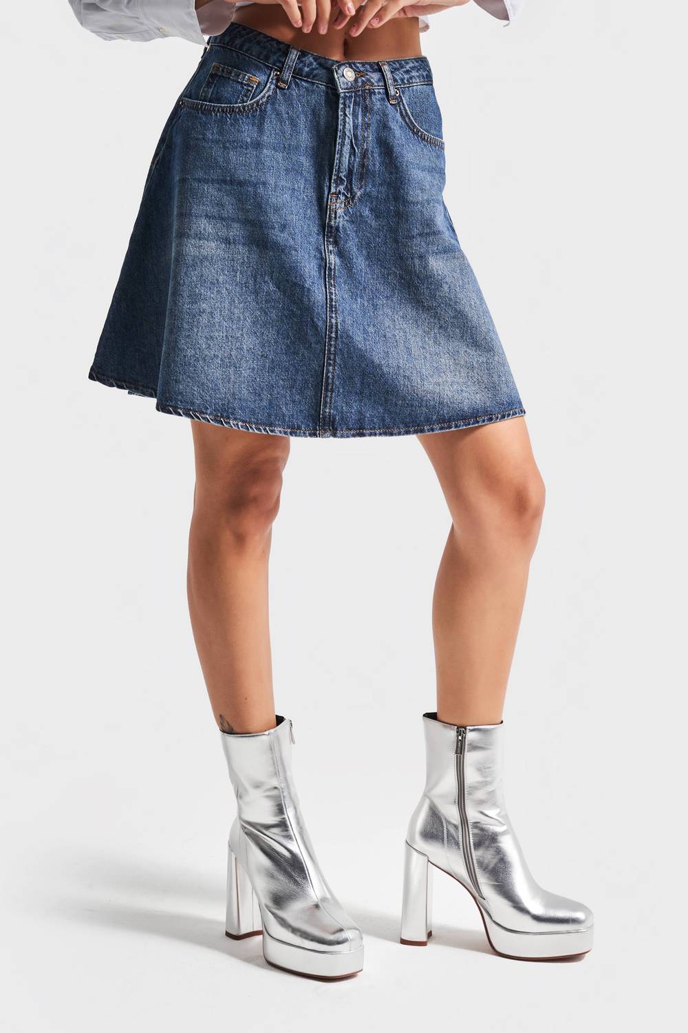 Kadın T.Kot Rengi 2w48 Volanlı Orta Boy Denim Etek