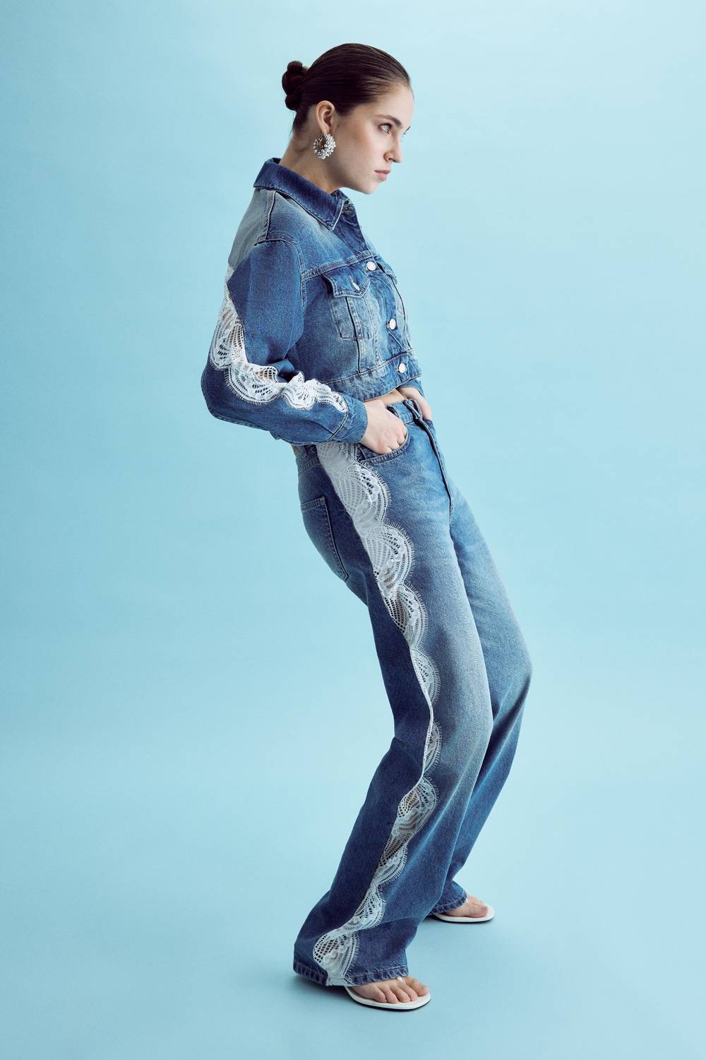 Kadın Kot Rengi 2S532 Yandan Dantel Detaylı Loose Fit Tasarım Denim