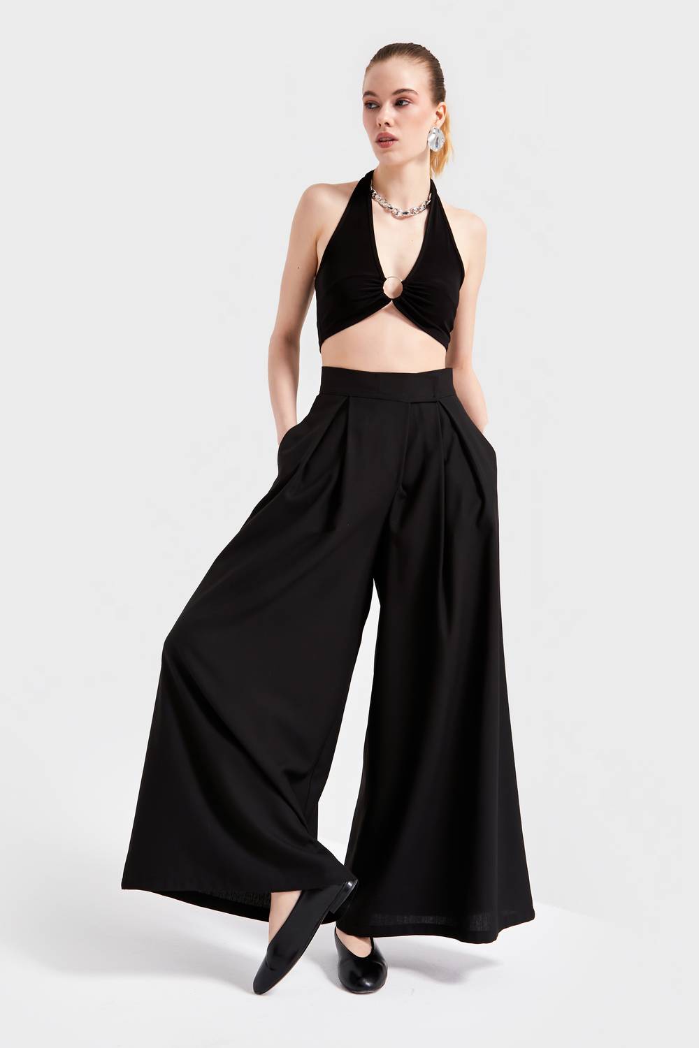 Женские черные супер палаццо из ткани S5-1, свободный крой, 94% полиэстер, 6% эластан, размер S