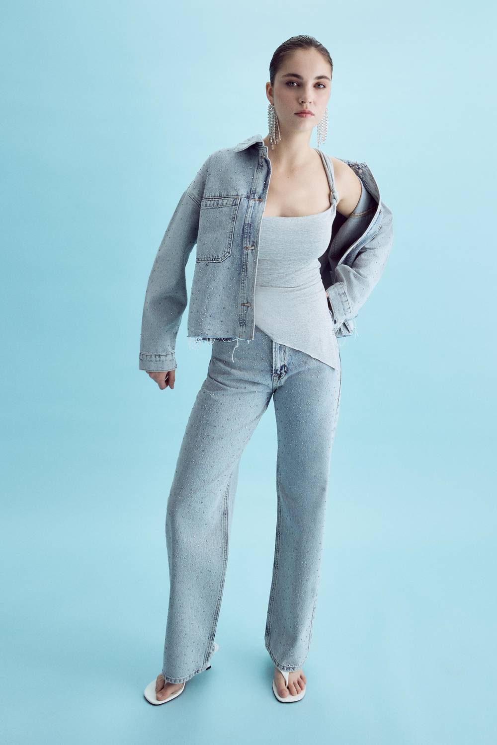 Жіночі джинси прямого крою з високою талією та блискучими камінням, темно-синього кольору, 83 см довжини, розміри 34-42