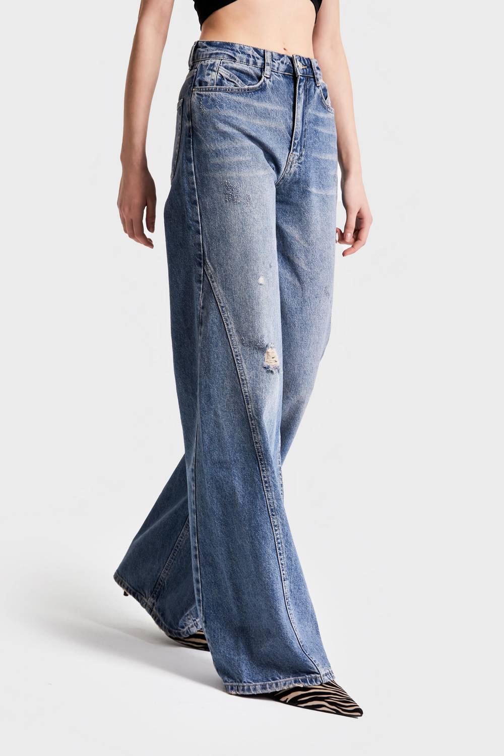 Джинси з високою талією та прямим кроєм для жінок, 100% бавовна, синій колір, модель 10S5-32, базові розміри 34-42, довжина 86 см