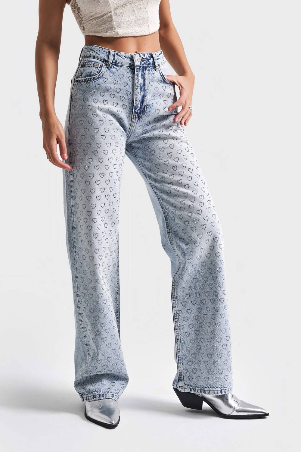 Kadın Snow Kot Rengi T5-4S5-27 Straight Fit Kalpli Parlak Taşlı Tasarım Denim Jean