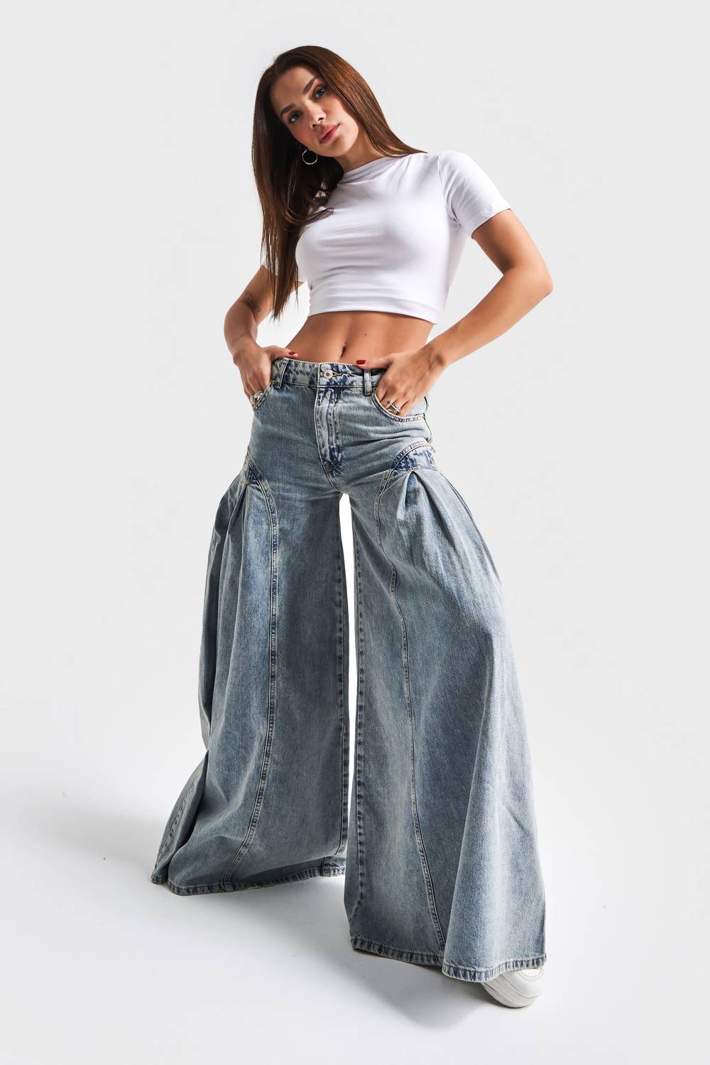 Широкі джинси для жінок Elephant Leg з 100% бавовни у кольорі блакитного деніму, розміри 34-42