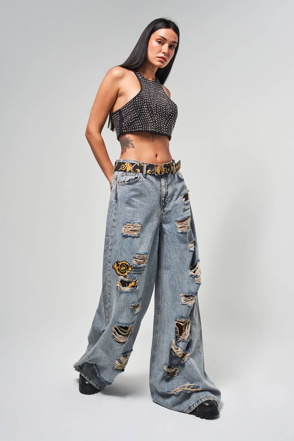 Kadın Kot Rengi Yırtık Detaylı Kemerli Tasarım Palazzo Fit Denim Jean