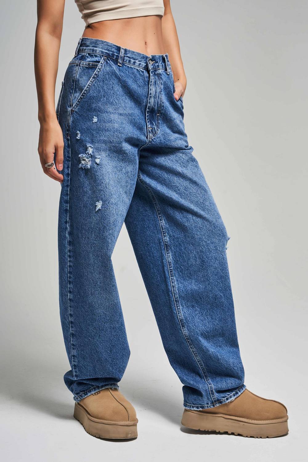 Kadın T.Kot Rengi 10S5-4 Skater Fit Bol Kesim %100 Koton Yırtık Detaylı Denim Jean