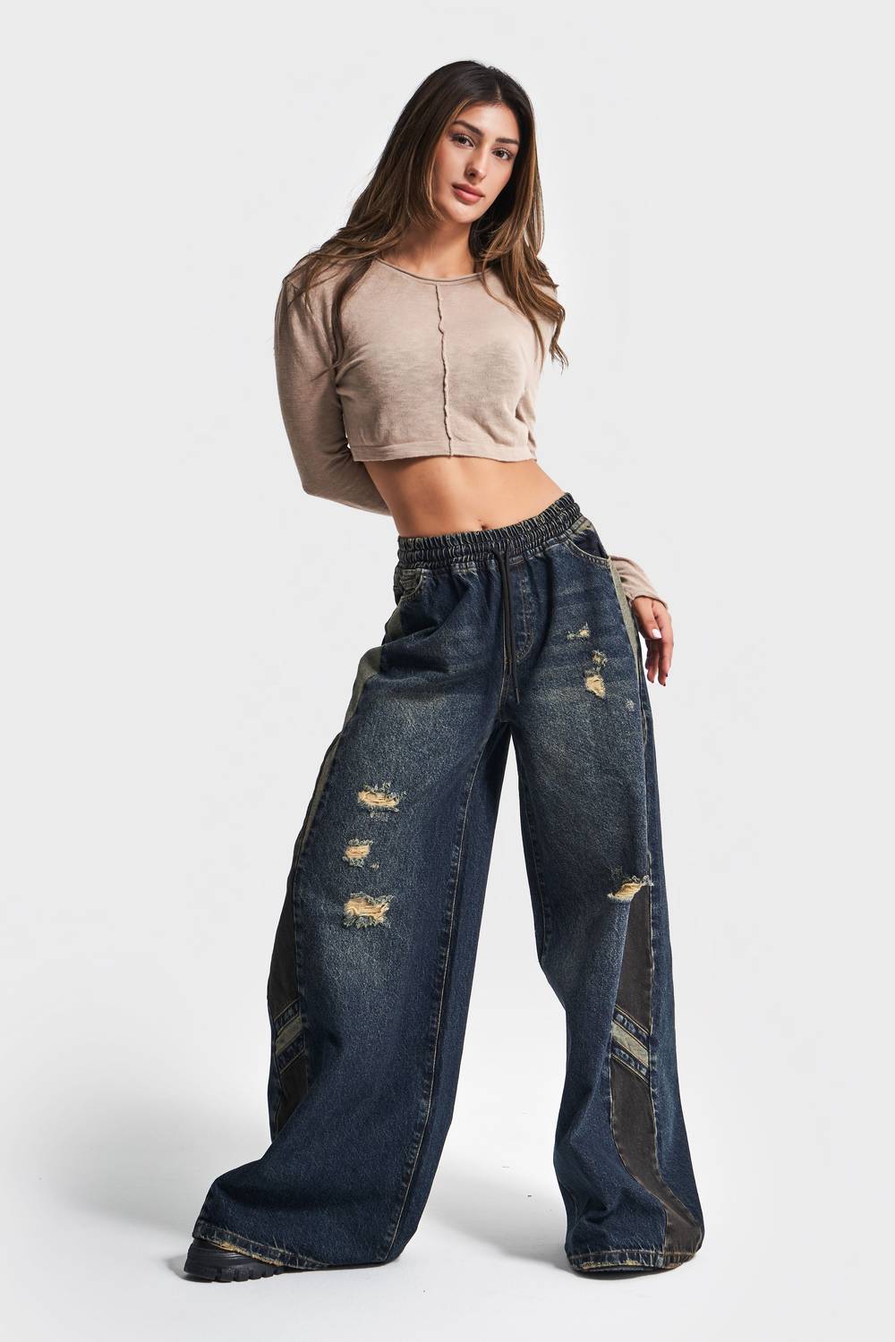 Kadın T.Kot Rengi Bel Laslikli Yan Detaylı Palazzo Fit Tasarım Denim