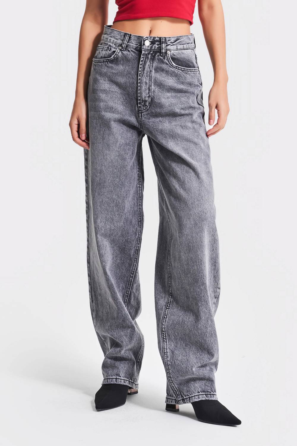 Kadın Gri Renk 4S5-13 Skater Fit Bol Kesim İç Boy 83cm %100 Koton Denim Jean