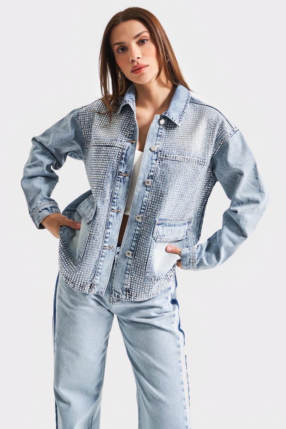 Kadın Kot Rengi T-4S5-27 Parlak Taşlı Oversize %100 Koton Yandan Cepli Tasarım Denim Ceket