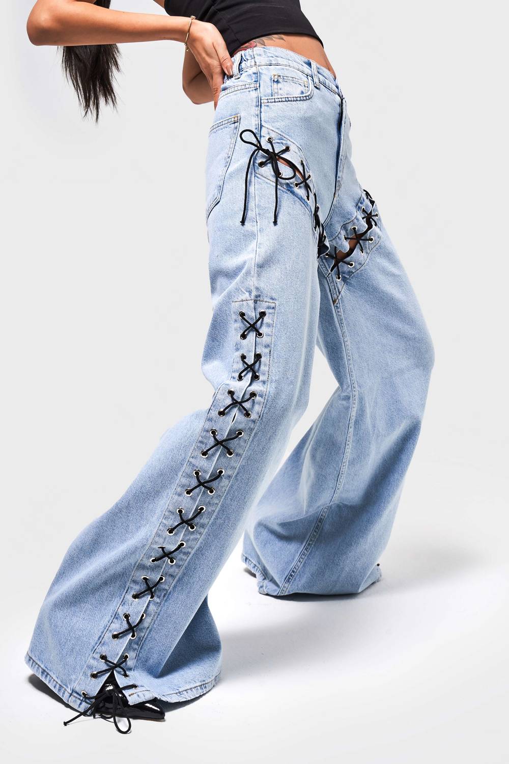 Kadın Kot Rengi Süper Palazzo Fit Kuş Gözü Detaylı %100 Koton Tasarım Denim Jean