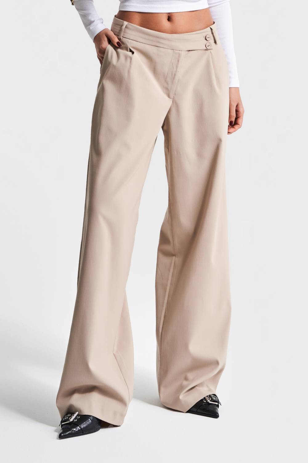 Kadın Bej Renk S5-57 Kemer Detaylı Palazzo Fit Pileli Pantolon
