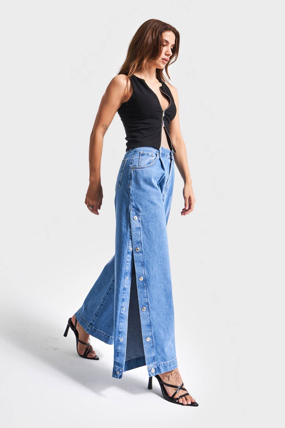 Kadın Mavi Kot Rengş 1S5-4 Palazzo Fit Yandan Ful Düğme Yırtmaçlı Tasarım Denim Jean