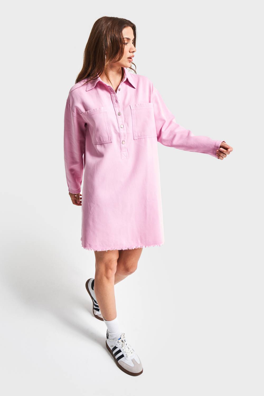 Kadın Pembe Renk 6S5-98 %100 Koton Önden Cepli Denim Elbise