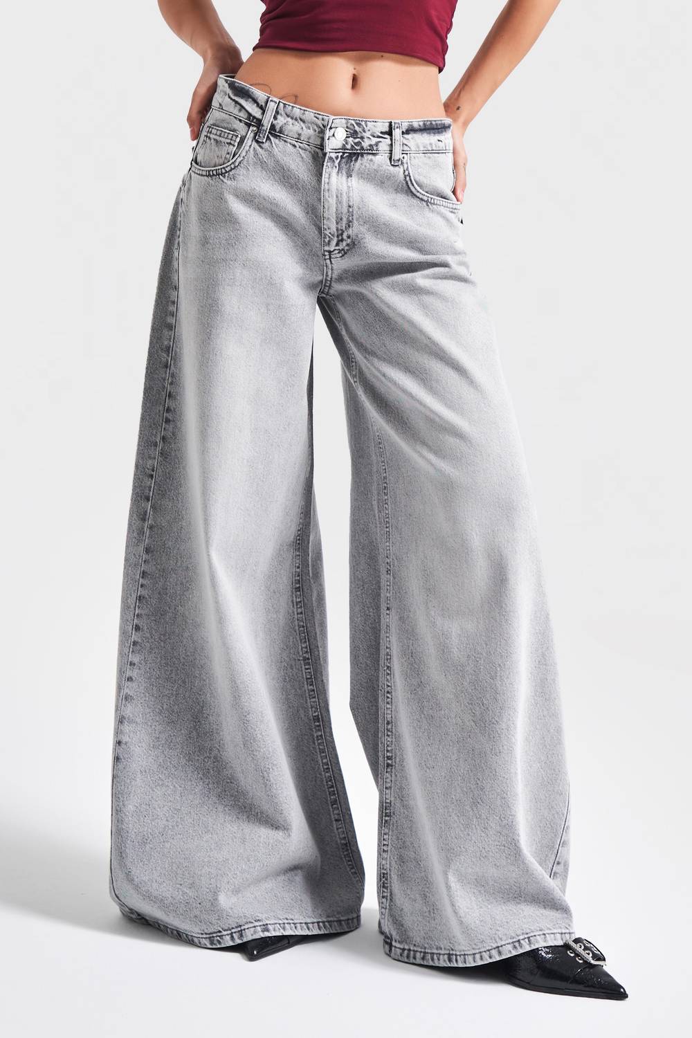 Kadın Gri Renk 4S5-12 Süper Palazzo Fit Elaphant Leg %100 Koton Denim