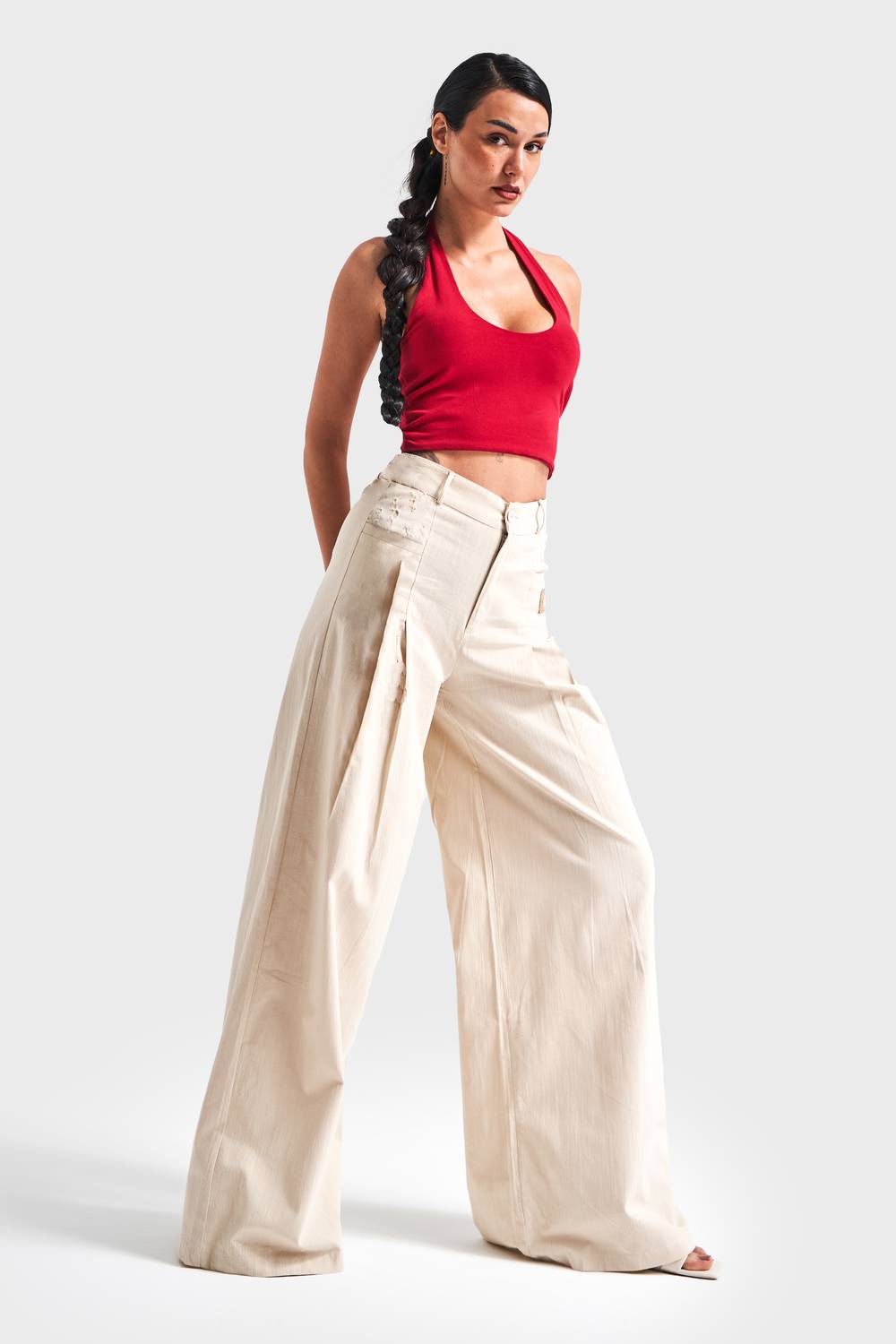 Kadın Bej Renk Esnek Keten Kumaş Palazzo Fit Tasarım Pantolon