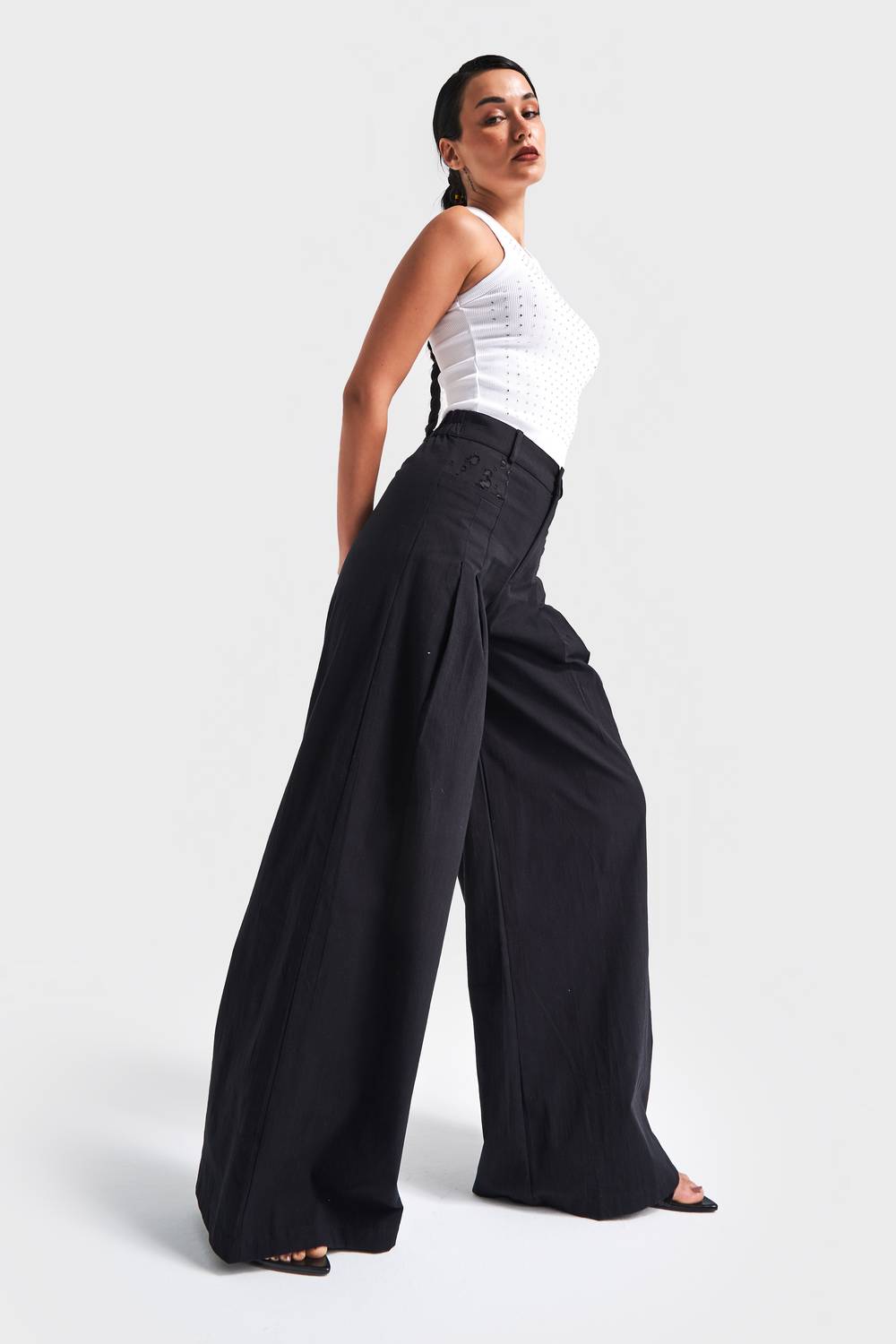 Kadın Siyah Renk Esnek Keten Kumaş Palazzo Fit Tasarım Pantolon