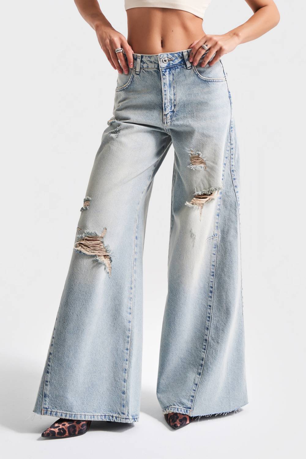 Kadın T.Kot Rengi 10S5-75 Baggy Palazzo Fit %100 Koton Yırtık Detaylı Denim Jean