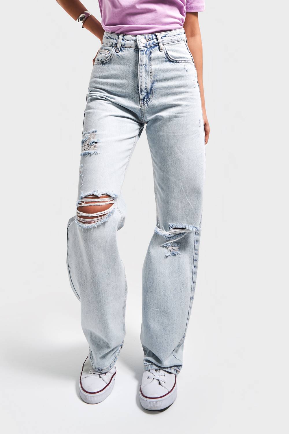 Kadın Snow Kot Rengi 12S5-100 %100 Koton Yırtık Detaylı Straight Fit Yüksek Bel Denim