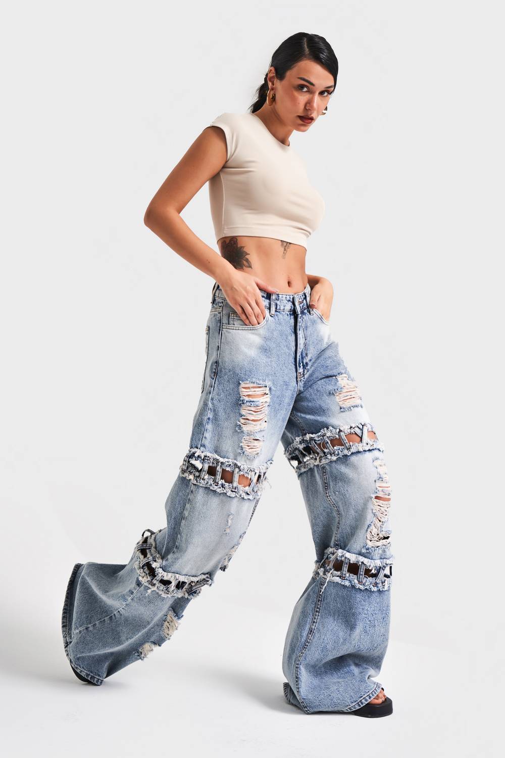 Kadın Kot Rengi Palazzo Fit Yırtık Detaylı Tasarım Denim Jean