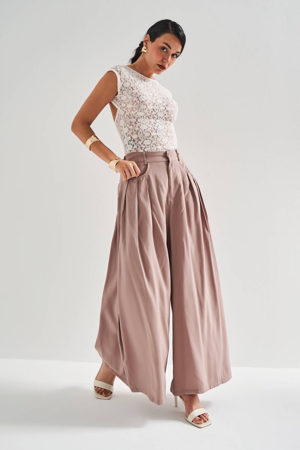 Kadın Sütlü Kahve Renk Süper Palazzo Fit Dökümlü Kumaş Tasarım Pantolon