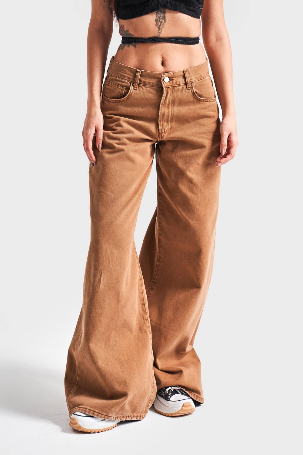 Kadın Açık Kahve Renk Palazzo Fit Bol Kesim %100 Koton Denim