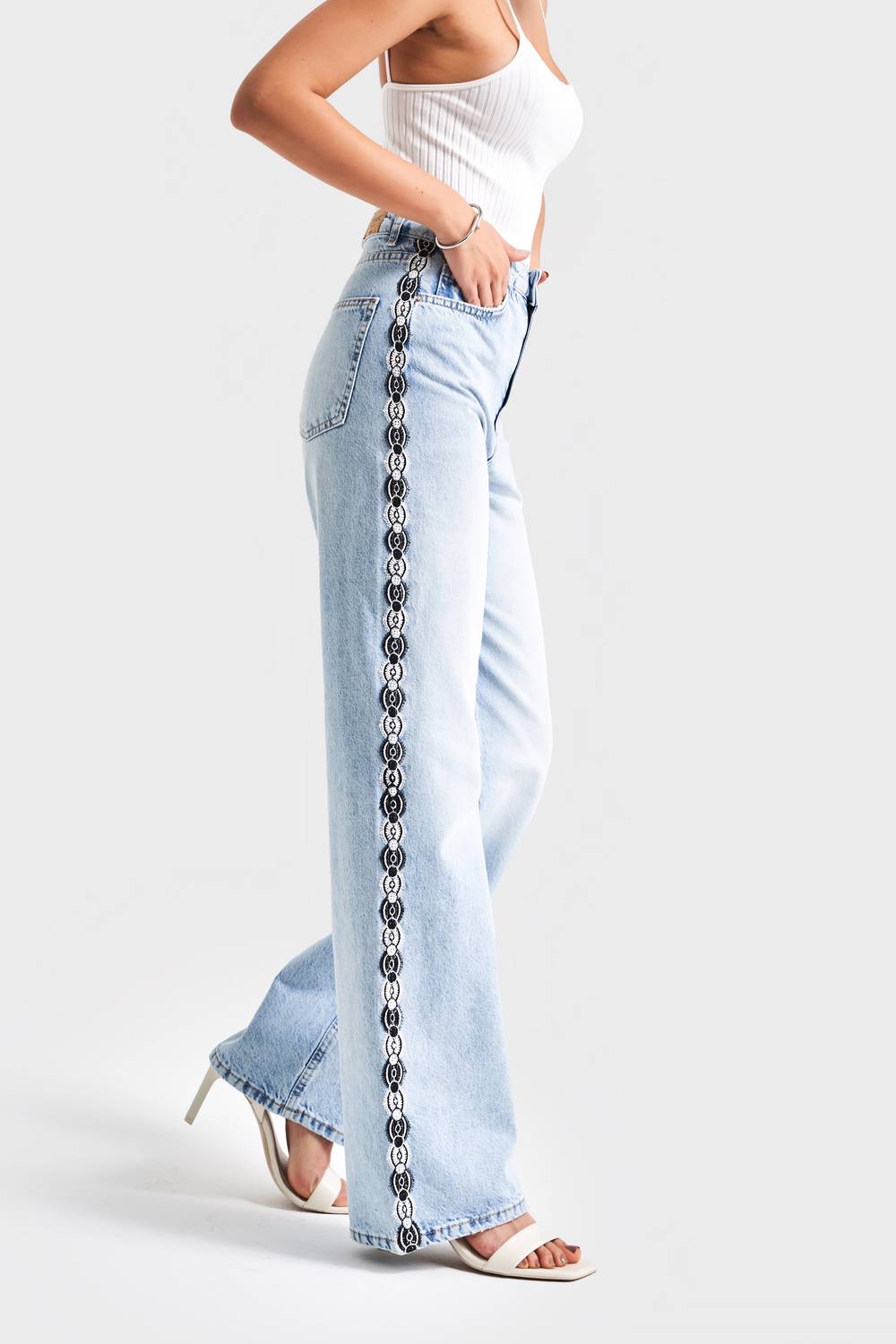 Kadın Kot Rengi D-4S5-3 Dantel Şerit Detaylı Straight Fit Yüksek Bel %100 Koton Tasarım Denim Jean