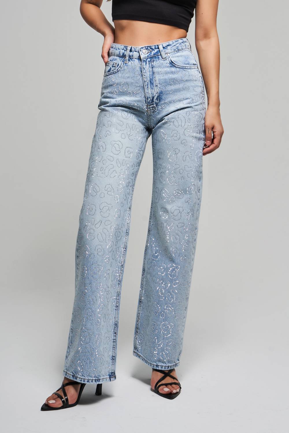 Kadın Snow Kot Rengi T-4S5-3 Straight Fit Yüksek Bel %100 Koton Parlak Taşlı Tasarım Denim