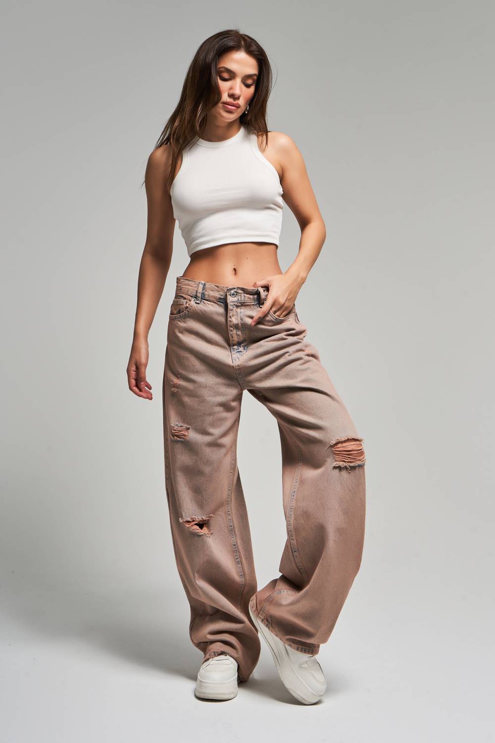 Kadın T.Kot Rengi 11S5-102 Loose Midrise Skater Fit Yırtık Detaylı %100 Koton Denim Jean