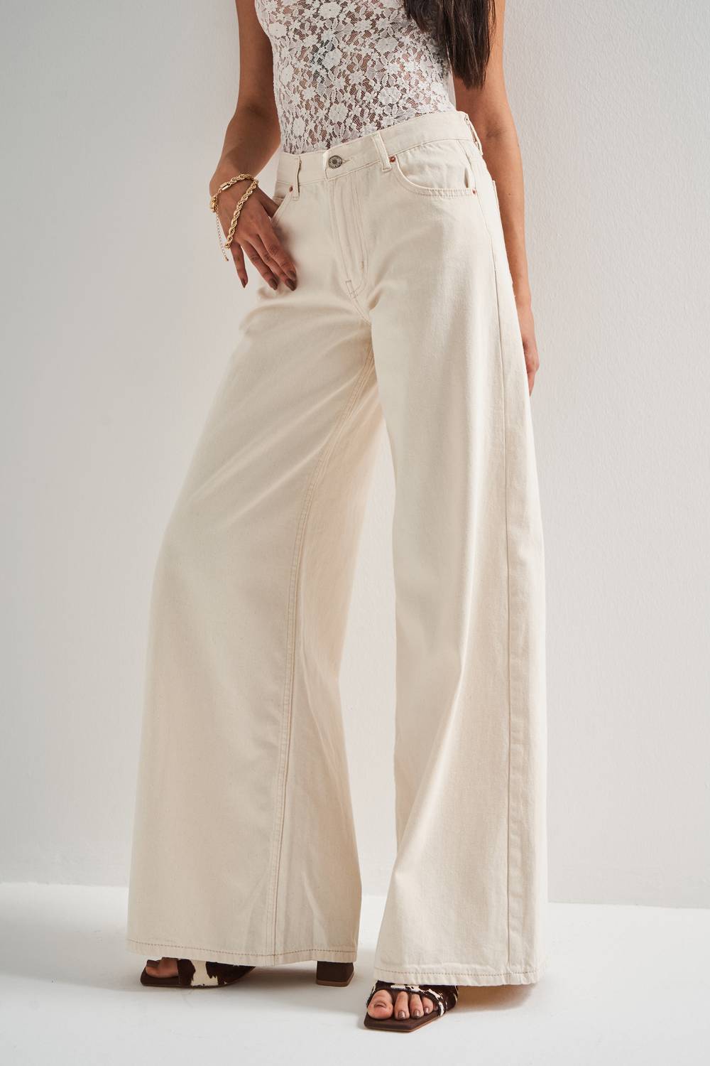 Kadın Raw Kot Rengi S4 Palazzo Fit %100 Koton Orta Bel Denim Jean