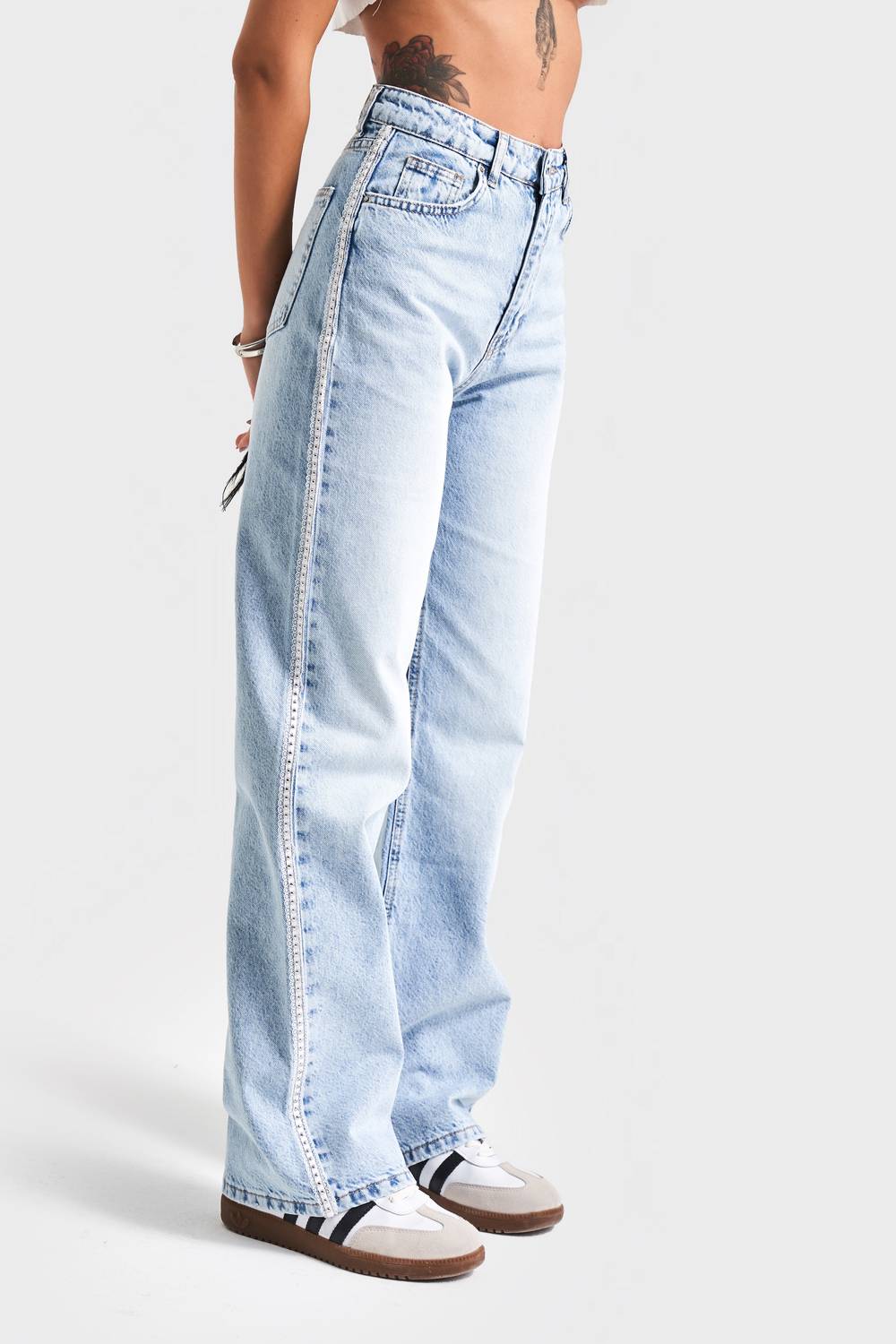 Kadın Ice Kot Rengi D-4S5-3 Straight Fit %100 Koton Yandan Dantelli Şerit Detaylı Tasarım Denim Jean