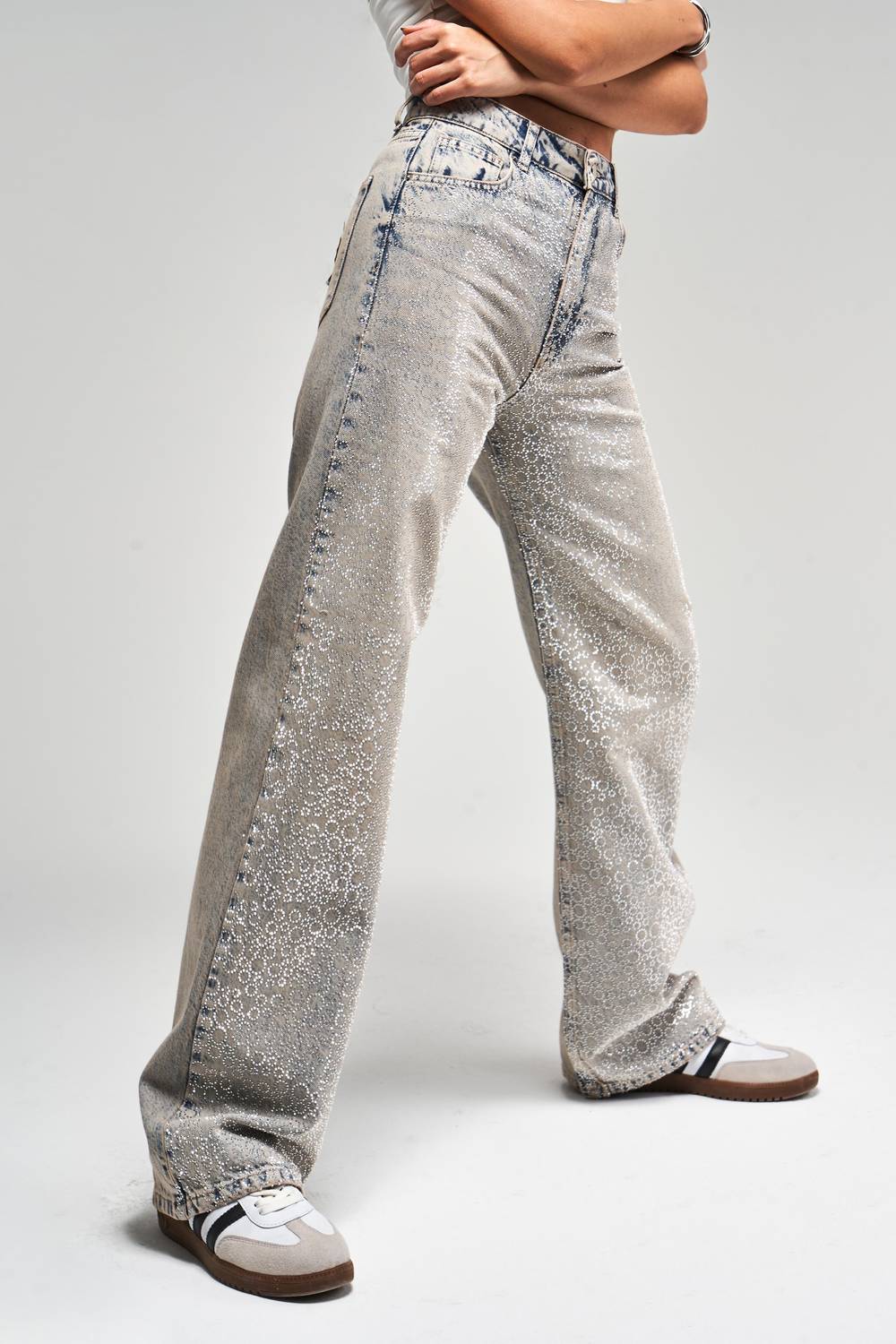 Kadın T.Kot  Rengi T-4S5-90 Parlak Taşlı %100 Koton Tasarım Straight Fit Denim Jean