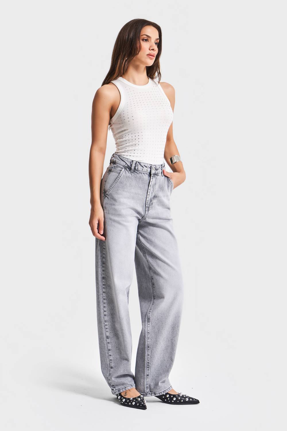 Kadın Gri Renk 4S5-12 Skater Fit Likralı Bol Kesim Denim Jean