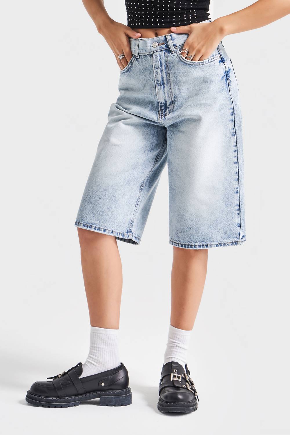 Kadın Snow Kot Rengi 4S5-3 Maxi Boy Kemer Detaylı %100 Koton Yüksek Bel Uzun Denim Şort Bermuda