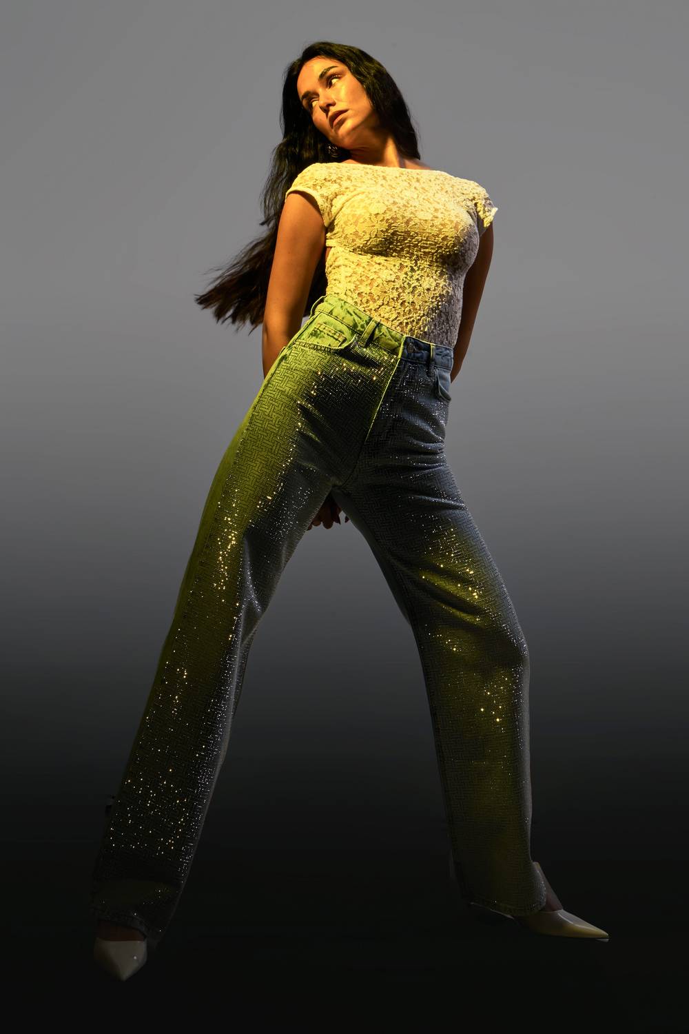 Kadın Ice Kot Rengi T-4S5-3 Straight Fit Yüksek Bel Parlak Taşlı Tasarım Denim Jean