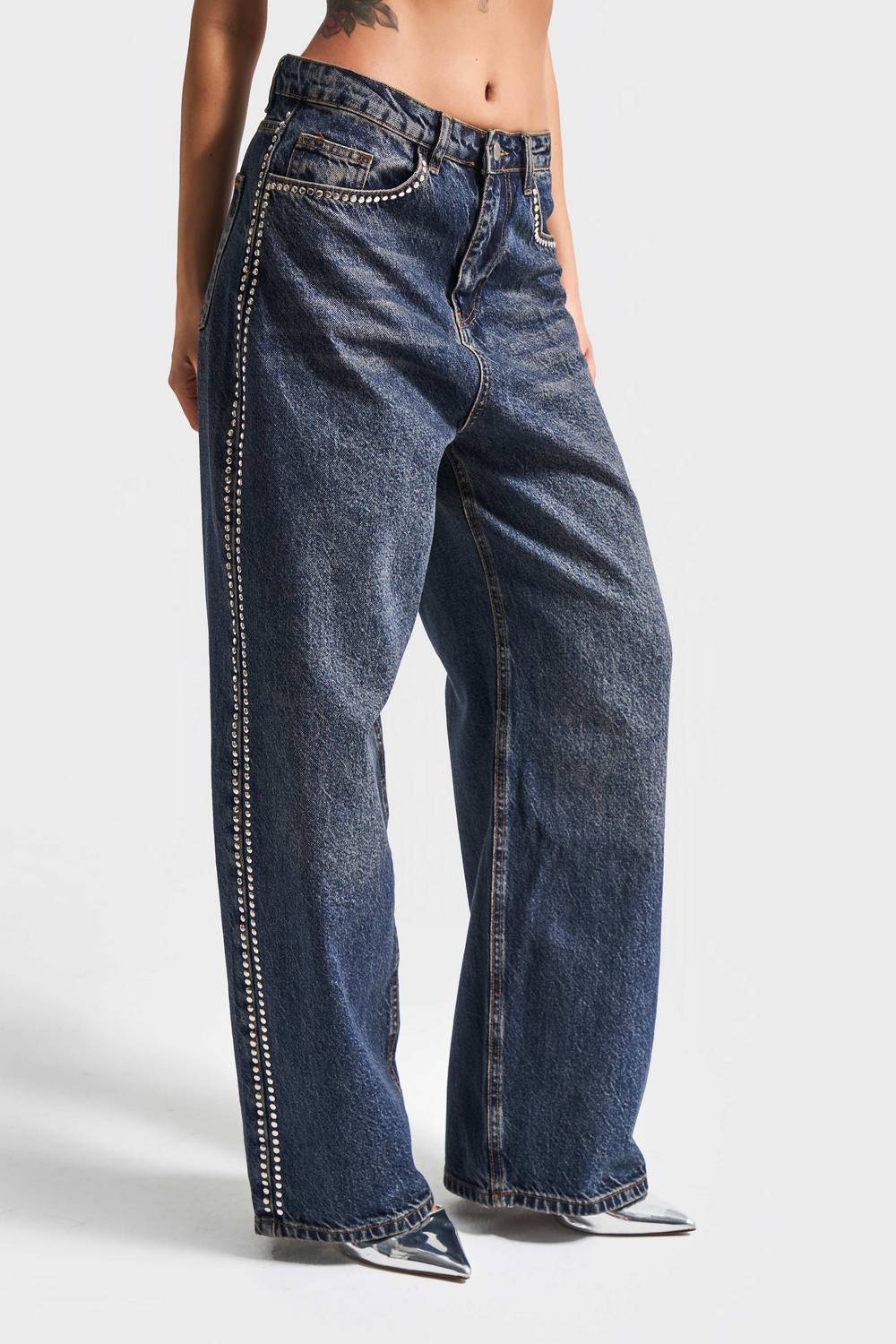 Kadın T.Kot Rengi 2W4-8 Skater Fit Yandan Taş Detaylı Bol Kesim Tasarım Denim Jean